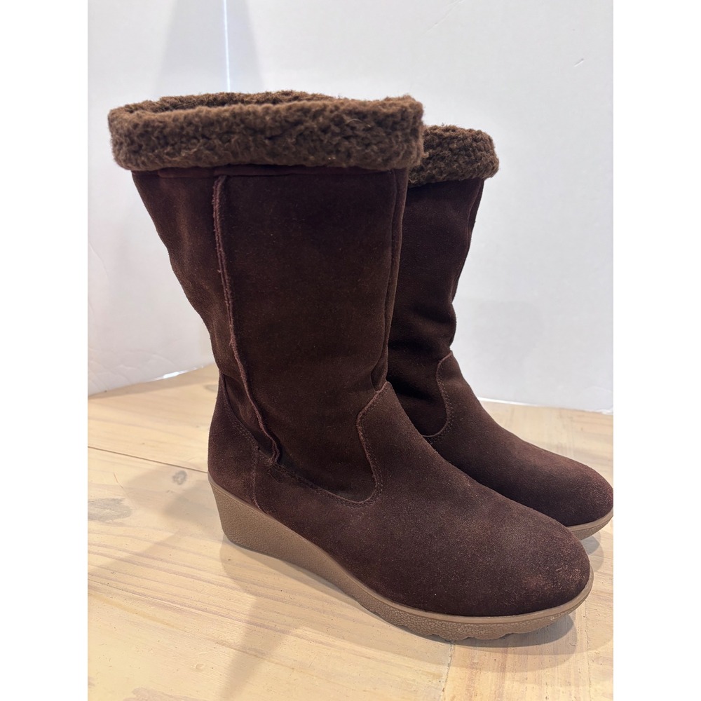 Lands End Womens Brown Suede Faux Fur Trim Wedge Mid Calf Winter Boots 7.5 B